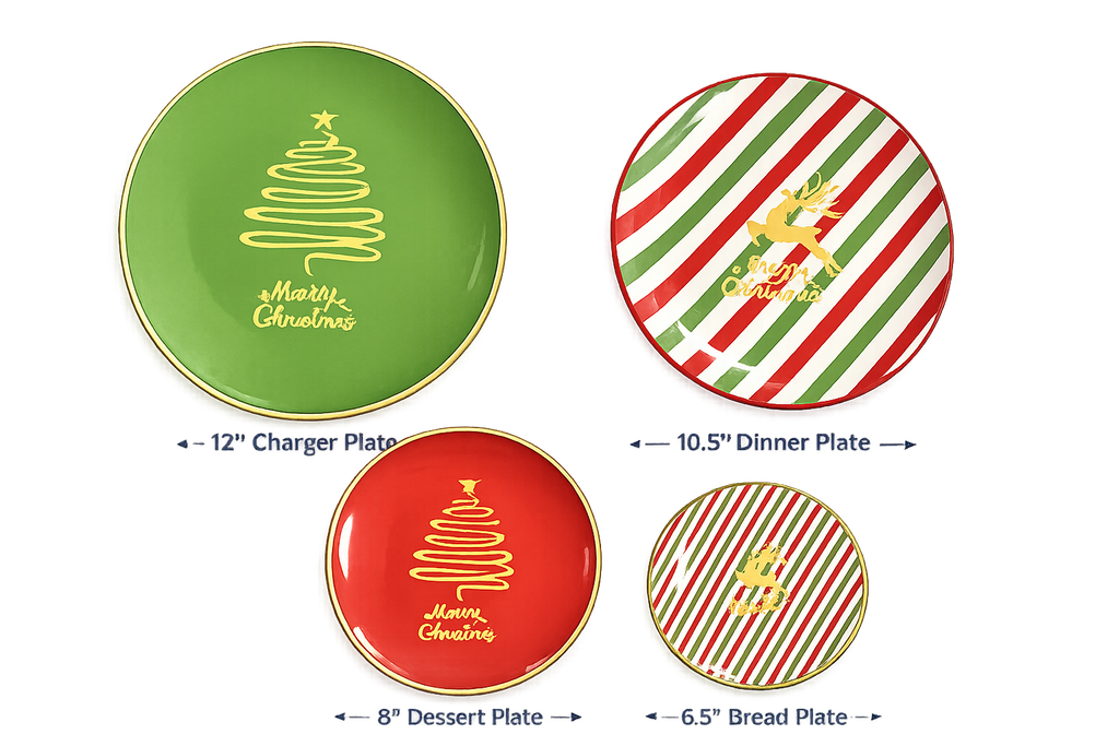 Christmas Dinnerware Set – 4 Piece Holiday Plate Set with Gold Christmas Tree Design | Charger, Dinner, Dessert & Bread Plates | Festive Christmas Table Decor 🎄