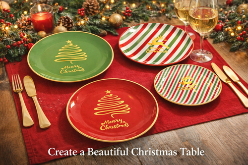 Christmas Dinnerware Set – 4 Piece Holiday Plate Set with Gold Christmas Tree Design | Charger, Dinner, Dessert & Bread Plates | Festive Christmas Table Decor 🎄