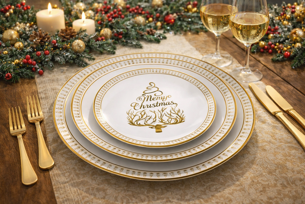 Elegant Merry Christmas Plate Set of 3 🎄 Gold and White