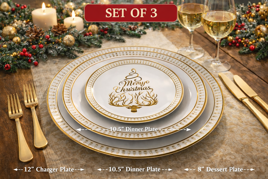Elegant Merry Christmas Plate Set of 3 🎄 Gold and White